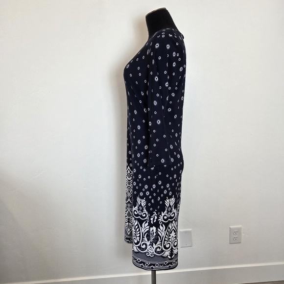 Navy Blue Batik Print Midi Dress Paisley Classic Modest Church School Teacher 6 - Picture 5 of 13